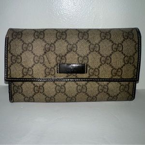 Gucci GG Supreme Continental Wallet Trifold Long Wallet Brown & Beige Leather